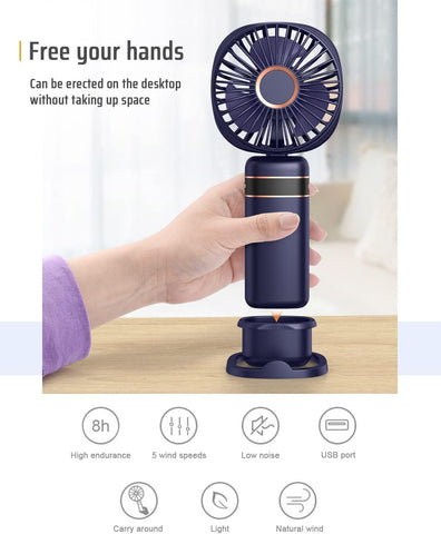 Mini Handheld USB Fan – Rechargeable 5-Speed Folding Fan with Base & Lanyard