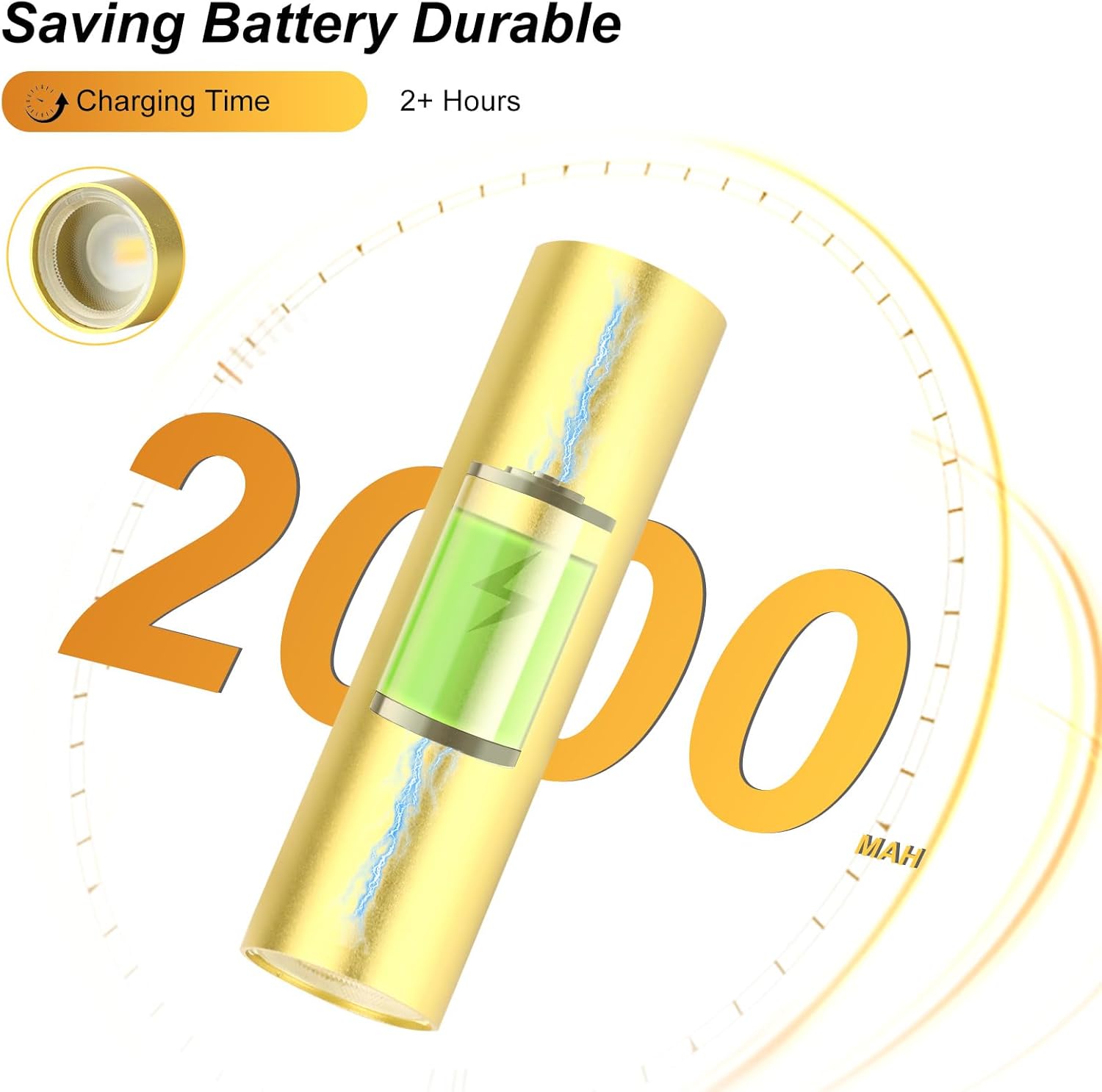 Gold cylindrical battery with charging time and capacity information on a white background