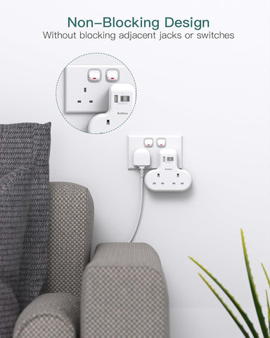 Addtam Double Plug Adaptor with 3 USB Ports (2 USB-C), 2-Way Multi Plug Extension Socket – Keep Your Everyday Charging Neat, Simple and Within Reach