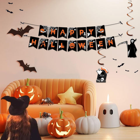 AMLOOPK Halloween Decorations Indoor Set – Happy Halloween Banner, Bunting, Hanging Decorations, Bats, Balloons & Garlands for Halloween Parties, Homes, Schools & Offices