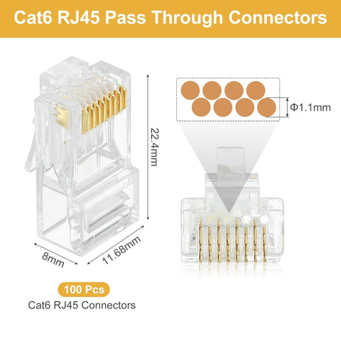 sourcing map 100pcs Cat6 RJ45 Pass Through Connectors, RJ45 Crimp Connector 8P8C Gold Plated Plugs for Solid or Stranded UTP Ethernet Cable