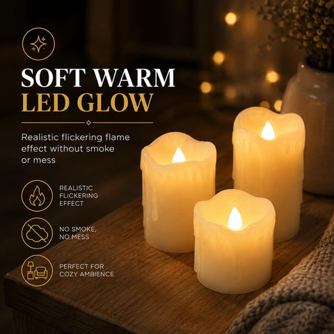 Festive Lights Set of 3 Real Wax Flameless LED Pillar Candles – Warm White Flickering Battery Operated Candles with Dripping Wax Effect for Home, Weddings & Events