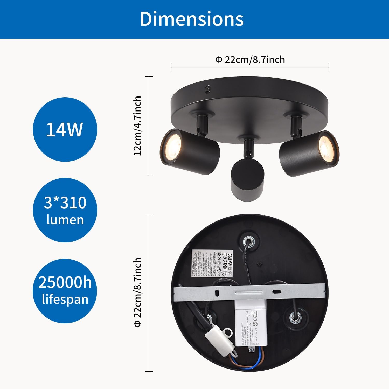 Ceiling light fixture with dimensions and specifications on a white background