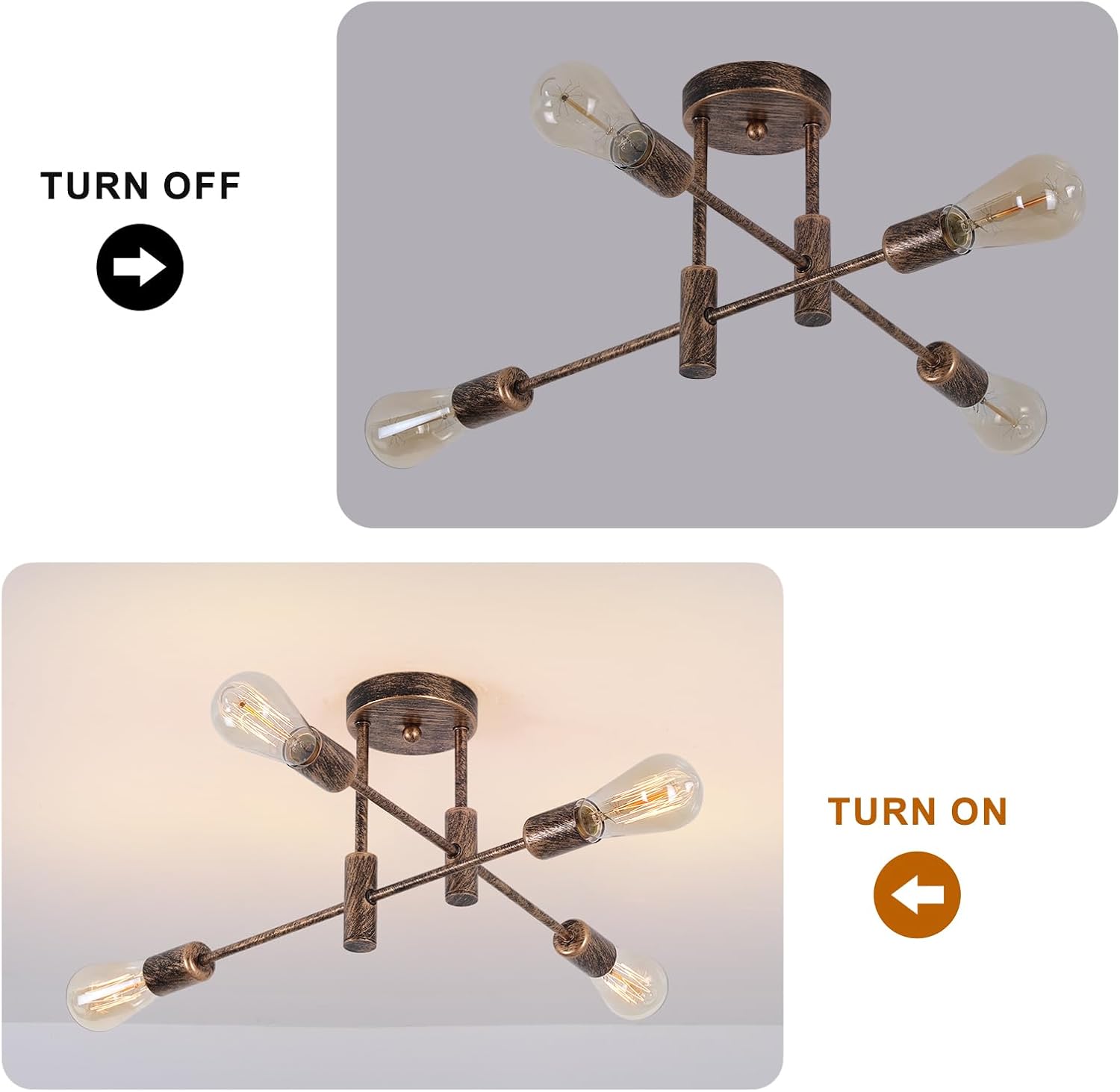 Ceiling light fixture with switch labels 'Turn Off' and 'Turn On' on a gray background.