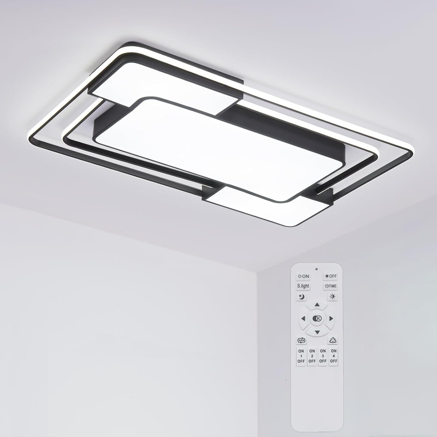 Modern rectangular ceiling light fixture with remote control on a gray background