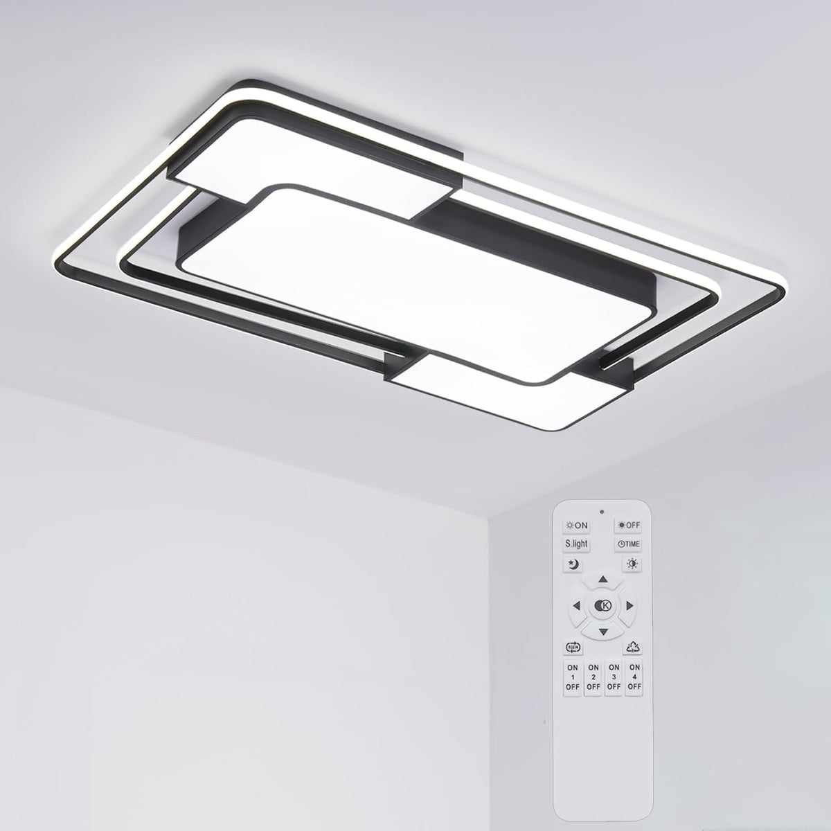 Modern rectangular ceiling light fixture with remote control on a gray background
