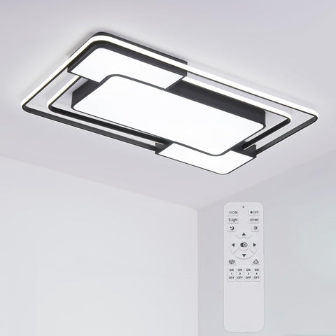 Modern rectangular ceiling light fixture with remote control on a gray background