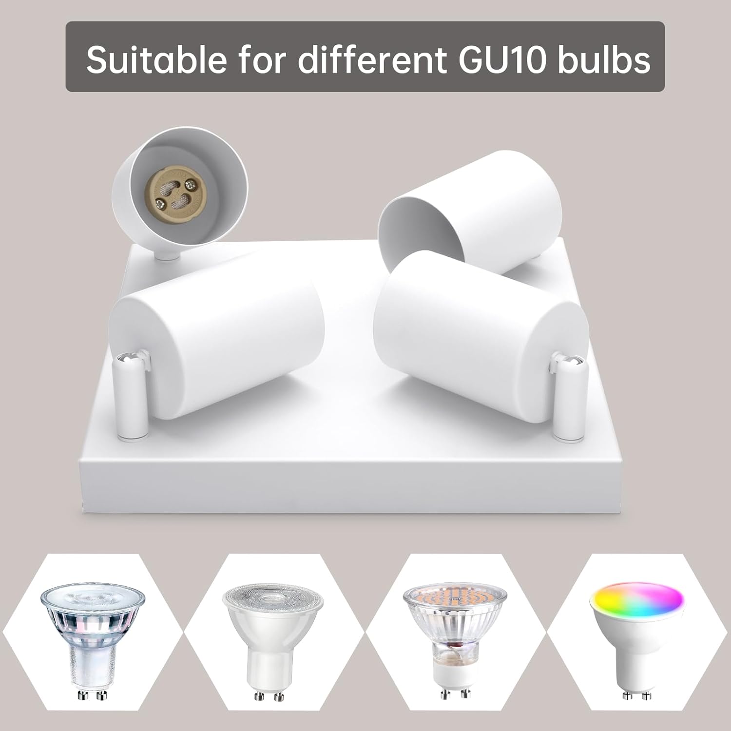 Light fixture compatible with different GU10 bulbs on a neutral background