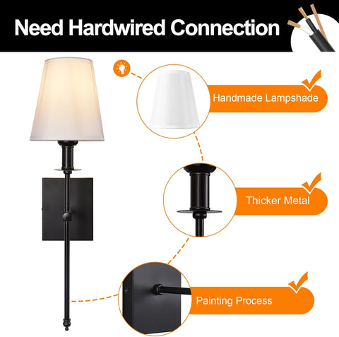 Hardwired Wall Light Set of 2 Black Wall Sconces with Fabric Shade, Vintage Farmhouse Lighting for Bathroom Living Room Bedroom Dining Hallway (E27, 230V)