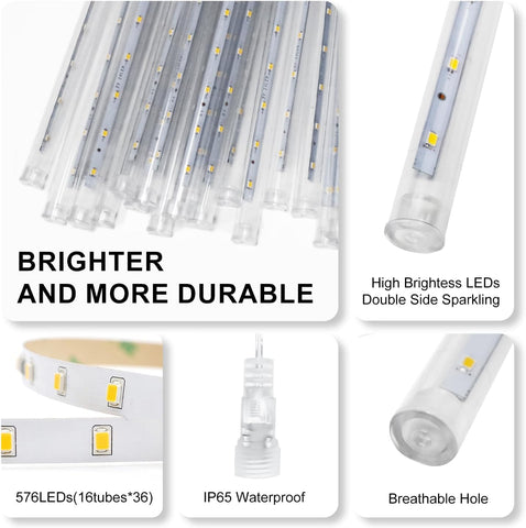 PEMOTech 16-Tube 576 LED Meteor Shower Lights Outdoor Cool White