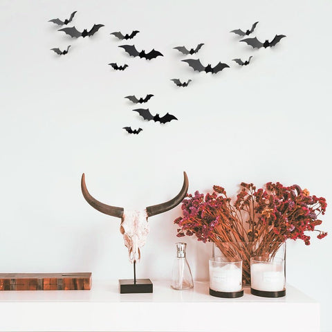 KUUQA 24-Piece 3D Halloween Bat Wall Stickers – Black Waterproof PVC DIY Decorations for Walls, Doors, Glass & Halloween Parties