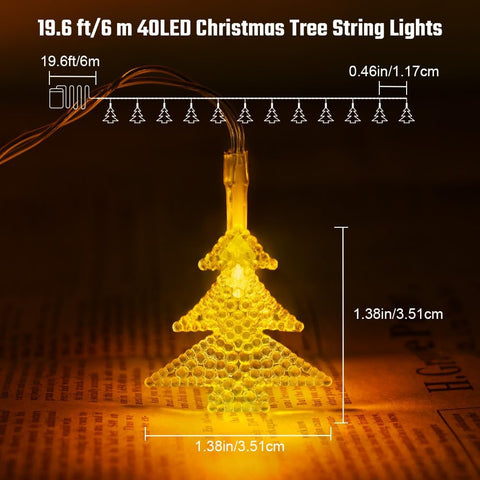 Christmas tree string lights with measurements on a dark background