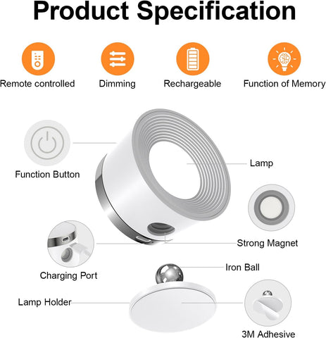 Battery Operated White Wall Lights, LED Rechargeable Wall Lights Indoor, 3500mAh Magnetic Wall Lamp with Remote, 3 Color Temperatures & 13 RGB & Dimmable 360° Free Rotation Sconces Wall Lighting