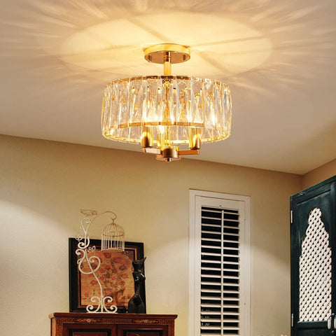 K9 Crystal Semi Flush Ceiling Light, Gold Finish, 3-Light Fixture