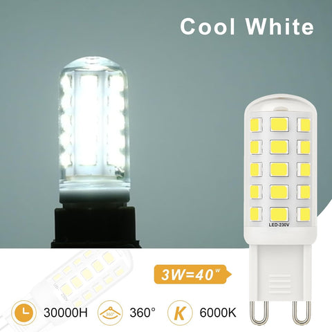 3W G9 LED Bulbs Cool White 580LM, 6000K Energy Saving Light Bulbs Equivalent to 40W Halogen, No Flicker Capsule GU9 LED Bulb for Home Lighting Decor, Chandelier, Not Dimmable, 220-240V,4 Pack