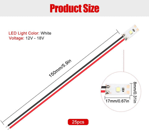 25 PCS 17mm Prewired LED Strip Lights 2835 SMD 12V–18V White Flexible