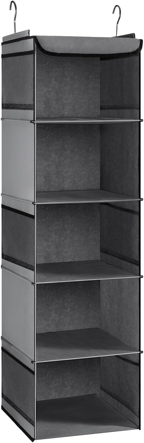 Hanging Storage with 5 Shelves Wardrobe Closet Organiser, Storage Shelves Unit with 6 Pockets for Clothes - Grey(30 X 30 X 108Cm)
