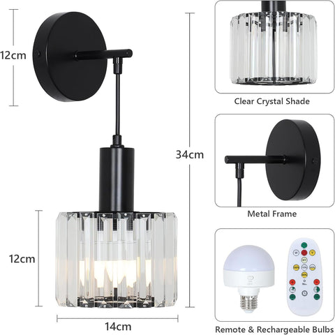 Battery Operated Wall Lights Set of 2 Black Crystal Indoor