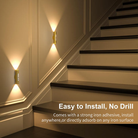 Motion Sensor Wall Lights with Remote Control - Rechargeable Battery Operated Wall Sconces Indoor, LED Wireless Magnetic Wall Lamp Set of 2 for Stairs, Hallway, Bedroom, Living Room, Gold