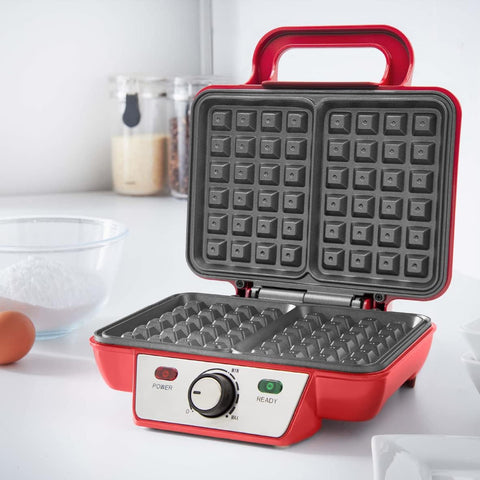 Two Slice Waffle Maker – Non-Stick Plates, Adjustable Temperature, Cool Touch Handle, Easy Clean Stainless Steel – Red