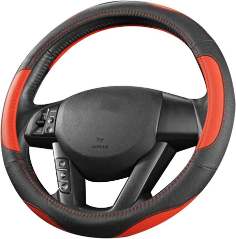 Leather Car Steering Wheel Cover Black Red 15 Inch