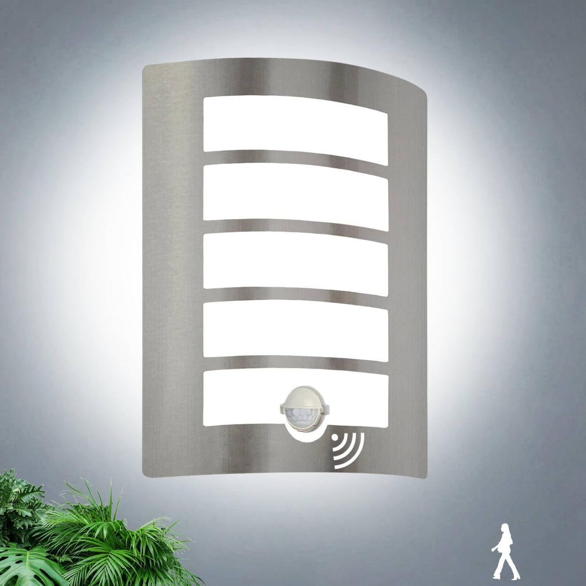 Metallic outdoor wall light fixture with sensor on a gray background