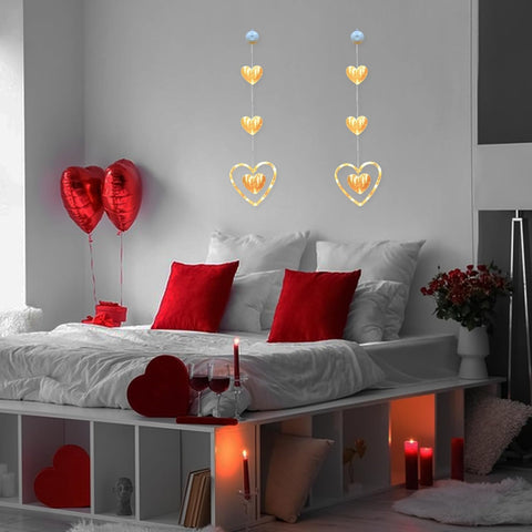 3Pcs LED Heart Shaped Fairy Lights, Battery Powered Valentine Window Lights with Suction Cups, Love Heart Hanging Curtain Lights for Window, Door & Home Decor