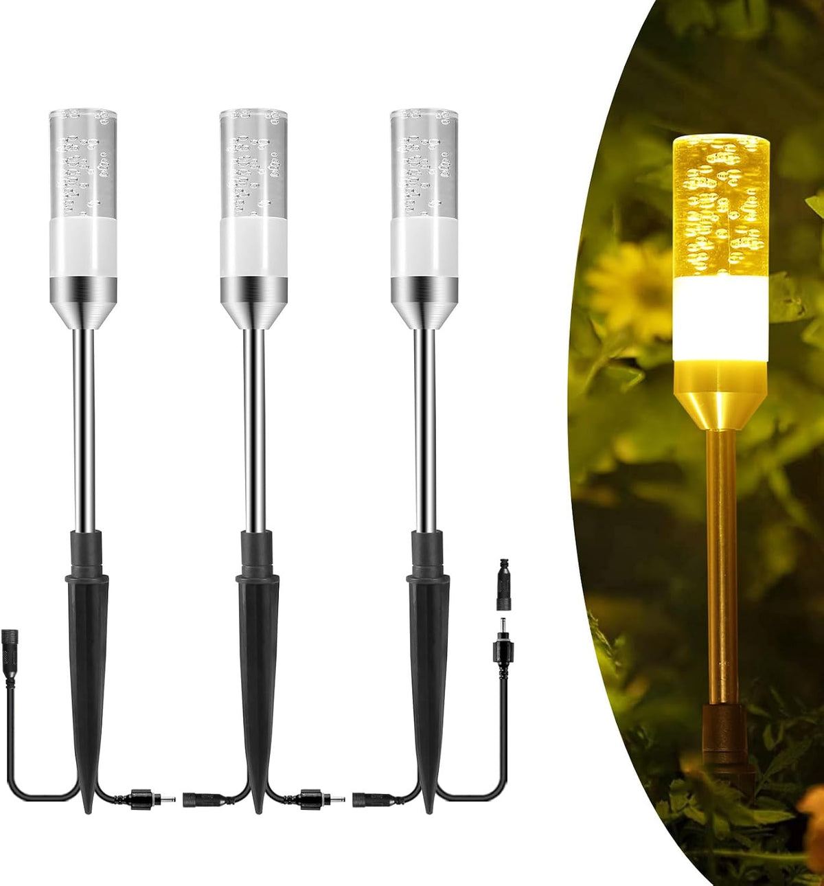 ECOWHO Garden Path Lamps 3 Packs with 3m Wiring Cable Spike Lights Without Adapter, Only Extension Landscape Lights Warm White Pathway Lighting (No Plug)