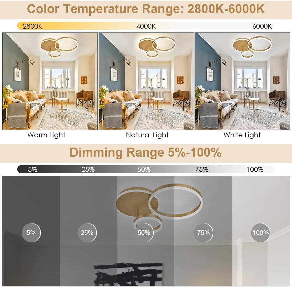 Living room scene with different color temperatures and dimming levels displayed.