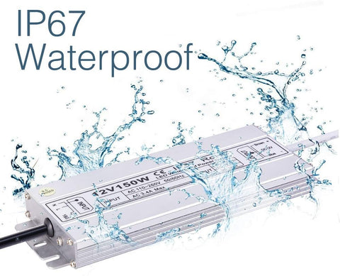 Waterproof electronic component with water splashes and 'IP67 Waterproof' text on a white background