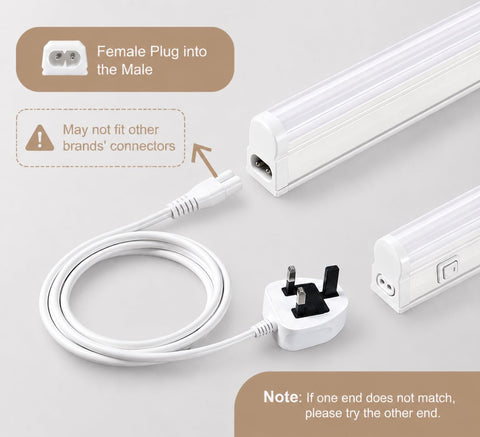2-Pack T5 LED Under Cabinet Kitchen Lights 2ft 4000K – UK Plug, 9W Cool White with Individual On/Off Switches - Brighten Dark Worktops Without the Wiring Hassle