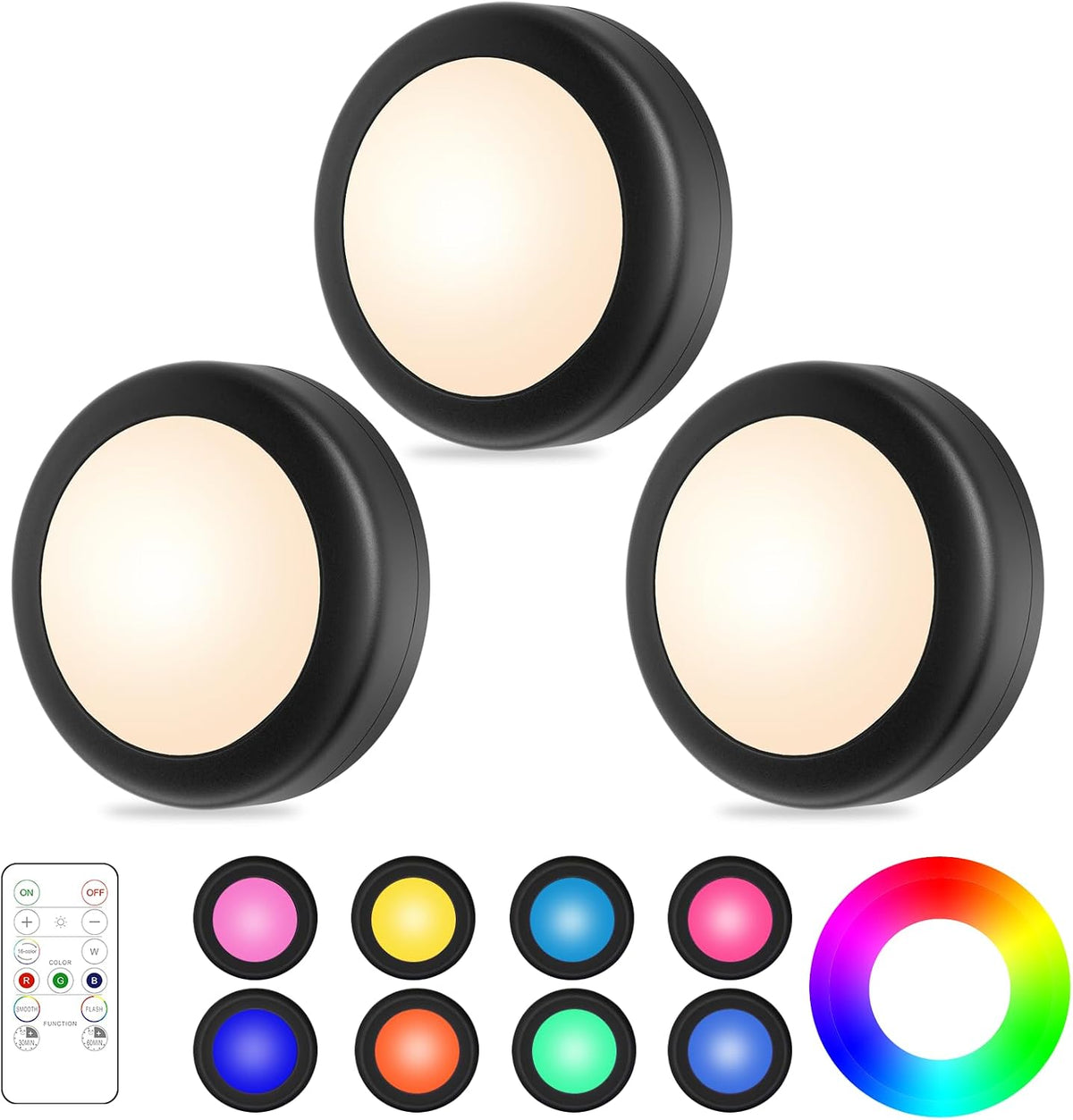 3 Pack Wireless Under Cabinet Lights – 16 Colour RGB LED Puck Lights with Remote & Touch Control, 4 Brightness Levels for Cupboards, Wardrobes & Shelves - Turn Forgotten Dark Corners Into Your Favourite Little Glow