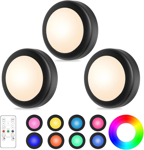 3 Pack Wireless Under Cabinet Lights – 16 Colour RGB LED Puck Lights with Remote & Touch Control, 4 Brightness Levels for Cupboards, Wardrobes & Shelves - Turn Forgotten Dark Corners Into Your Favourite Little Glow