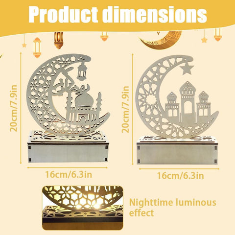 2-Piece Wooden Ramadan Night Lights – Moon Star LED Table Lamps for Eid Home Decoration