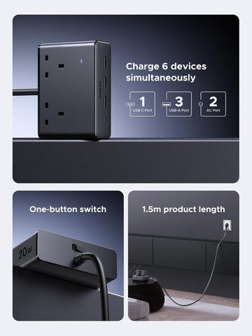 UGREEN 1.5m Cube Extension Lead with 2 UK Sockets, 3 USB-A & 1 USB-C Ports – Keep Your Everyday Essentials Charged Without the Cable Clutter