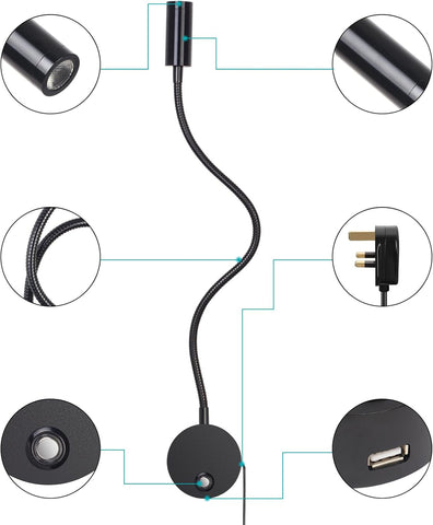 USB charging bedside wall lamp