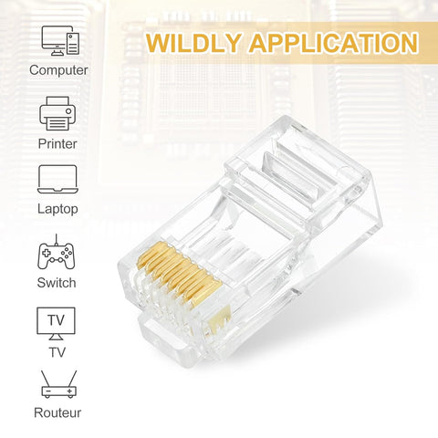 sourcing map 100pcs Cat6 RJ45 Pass Through Connectors, RJ45 Crimp Connector 8P8C Gold Plated Plugs for Solid or Stranded UTP Ethernet Cable
