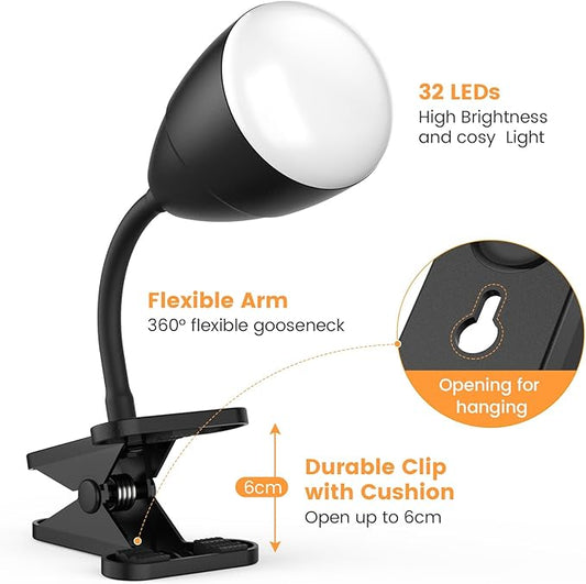 Clip On Light, Clip Lamp Mains Powered with Ultra Long-Lasting, USB Rechargeable, Eye Protect with 3 Dimmable Brightness Reading Lamp for Bedroom, Office, Bedside, Headboard