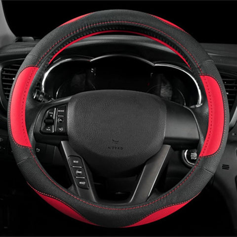 Leather Car Steering Wheel Cover Black Red 15 Inch