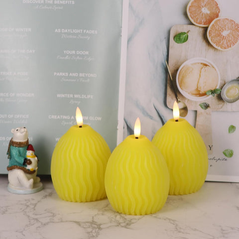 Easter Flameless LED Candles Set of 3, Egg-Shaped Real Wax Flickering Candles with 3D Wick & 5-Hour Timer, Battery Operated Dinner Table Decor (Yellow, 2.4″ x 5″)