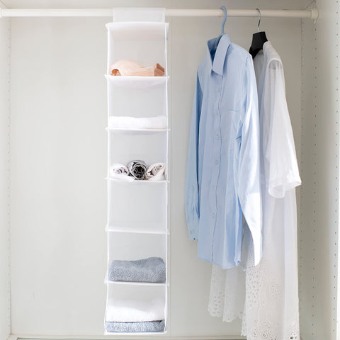 YINGGG 6-Shelf Hanging Wardrobe Organiser, Grey Non-Woven Fabric Storage Rack with 2 Wide Hook-and-Loop Straps for Sweaters, Shoes, Towels and Accessories