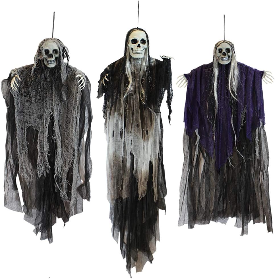 JOYIN 3 Pack Hanging Halloween Skeleton Grim Reaper Decorations – Scary Ghost Skeletons with Adjustable Arms for Indoor & Outdoor Halloween Displays, Parties & Events