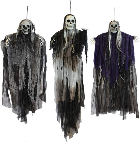 JOYIN 3 Pack Hanging Halloween Skeleton Grim Reaper Decorations – Scary Ghost Skeletons with Adjustable Arms for Indoor & Outdoor Halloween Displays, Parties & Events