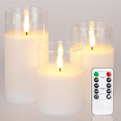 Real Wax LED Candles Flickering, Clear Glass Shell, Grey, Set of 3 500+ Hours Long Lasting Gothic Battery Operated Candles with Remote Control, Timer and Realistic 3D Wick for Halloween Party