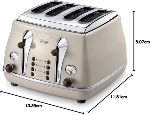 Icona Vintage 4 Slot Toaster – Beige | Reheat, Defrost, Bagel Function & 6 Browning Settings – CTOV4003BG
