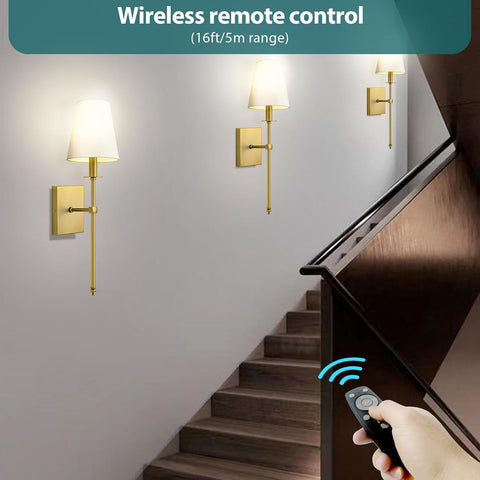 Battery Wall Sconces Sets of 2, Classic Brushed Brass Sconces Wall Lighting,Hardwired Bathroom Vanity Light Fixture with Fabric Shade for Bedroom Living Room