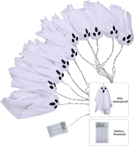 CNMTCCO Halloween Ghost String Lights – 10 LED Fabric Hanging Ghost Lights with 8 Lighting Modes, Warm White Battery Operated Halloween Decorations for Windows, Home & Parties