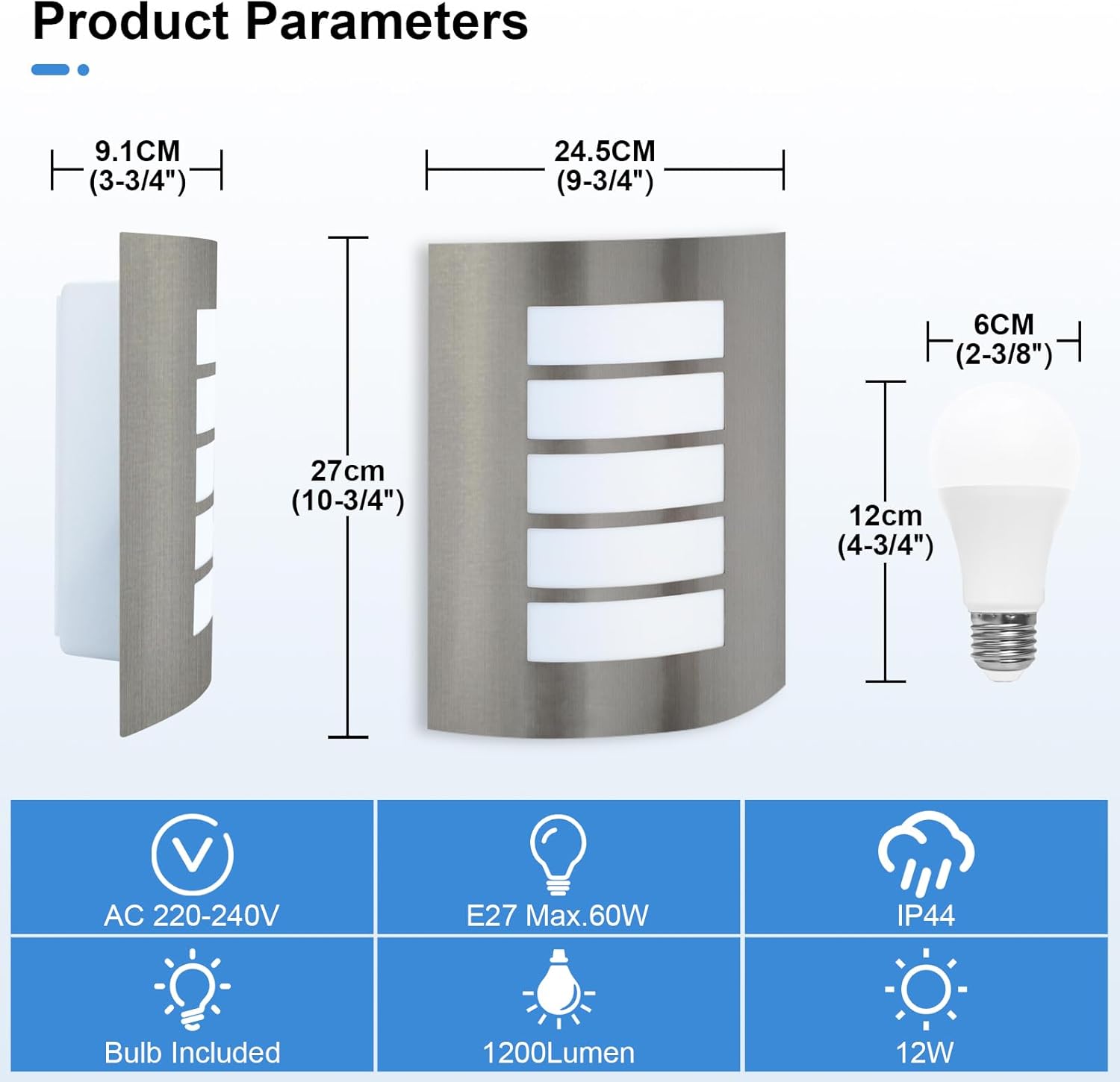 Wall-mounted outdoor light fixture with dimensions and specifications on a white background