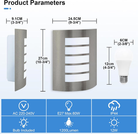 Wall-mounted outdoor light fixture with dimensions and specifications on a white background
