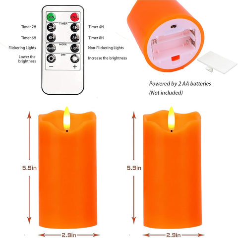 Flameless Pillar Candle Light Set of 2, 6x3 Inch Flickering Real Wax LED Candles with Remote and Timer, Battery Operated, Orange